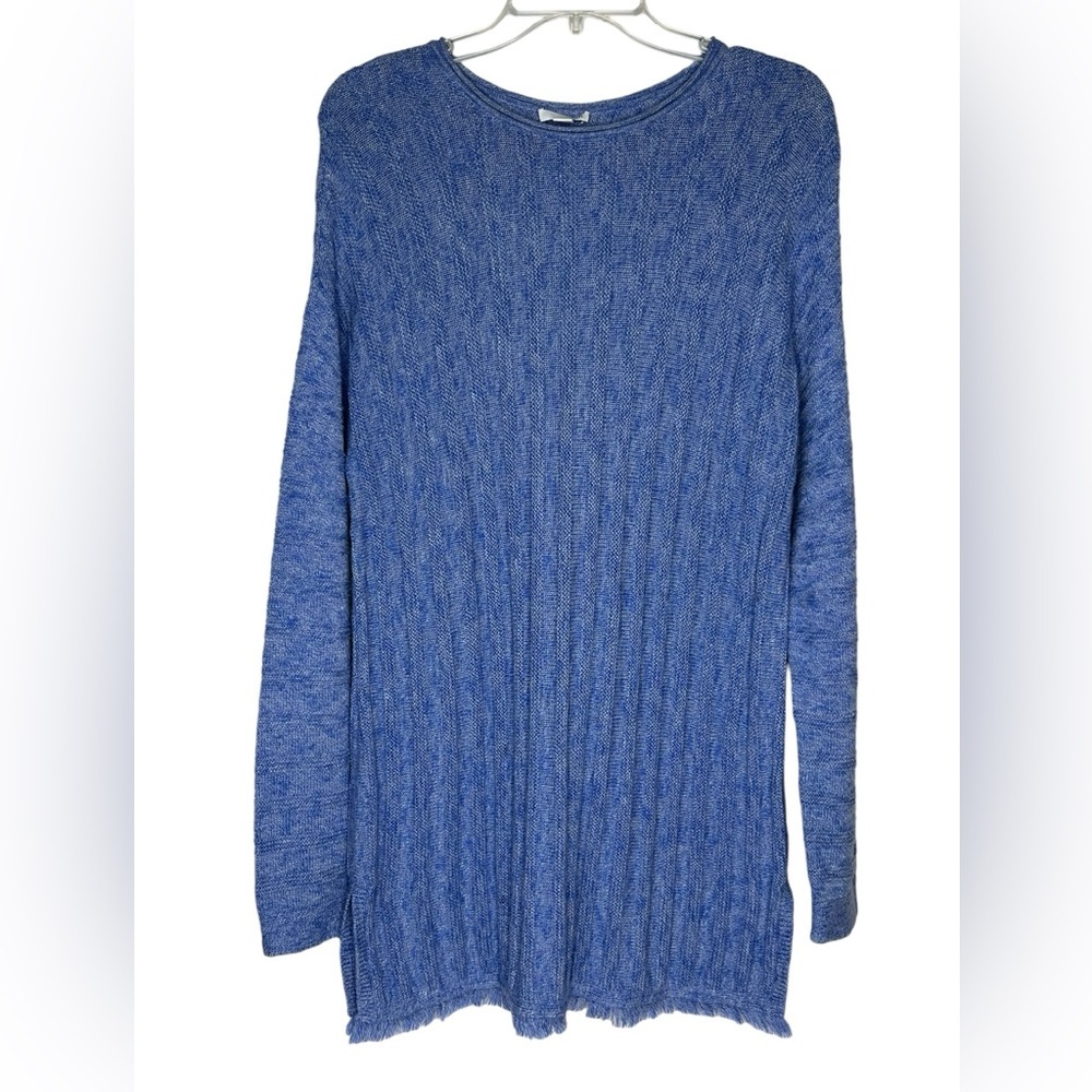 j. jill Tunic Sweater‎ Women's M Light Blue Button Back Ribbed Fringe Pullover